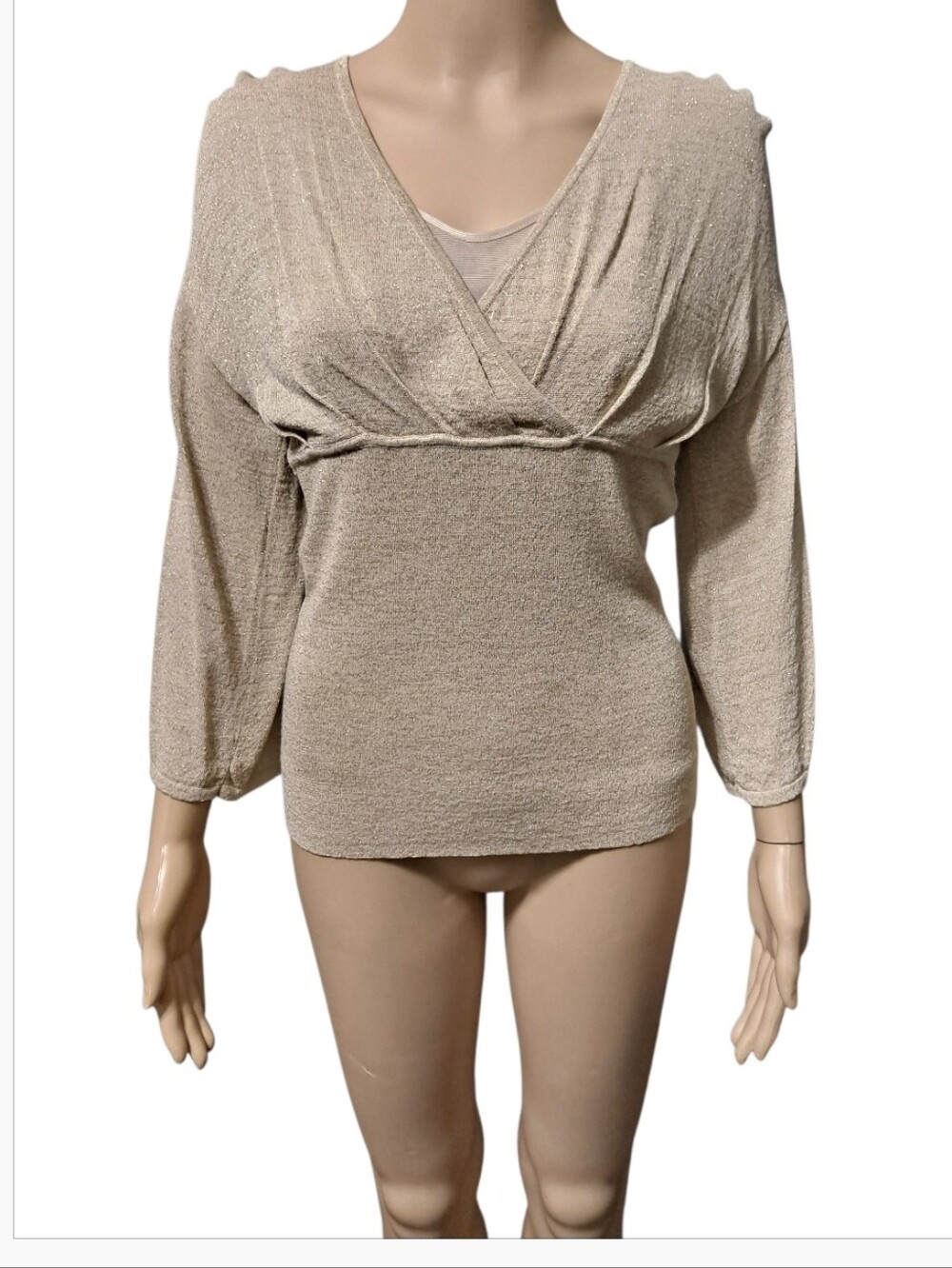 Emma James Metallic Champagne Faux Wrap Front Long Sleeve Top